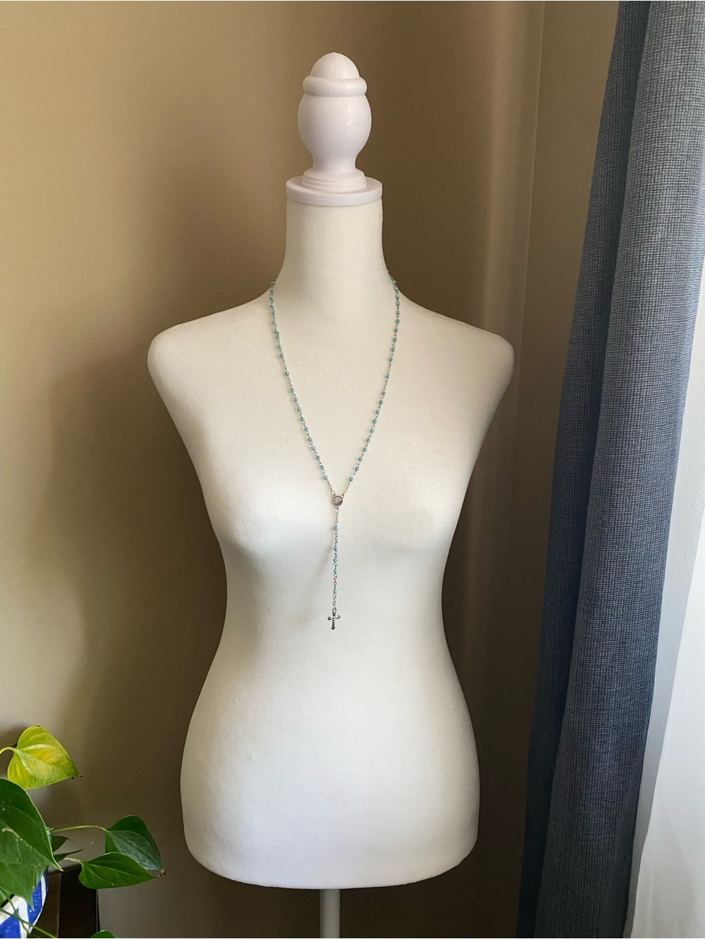Delicate Aqua Bead Rosary Necklace - Women Jewelry
